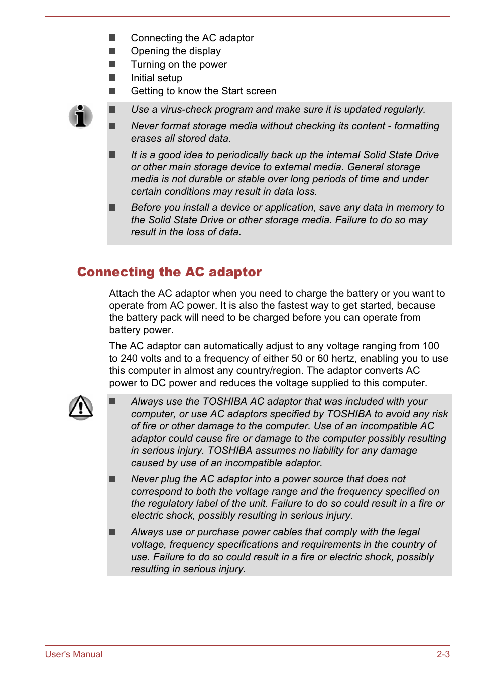 Connecting the ac adaptor | Toshiba KIRA User Manual | Page 20 / 107