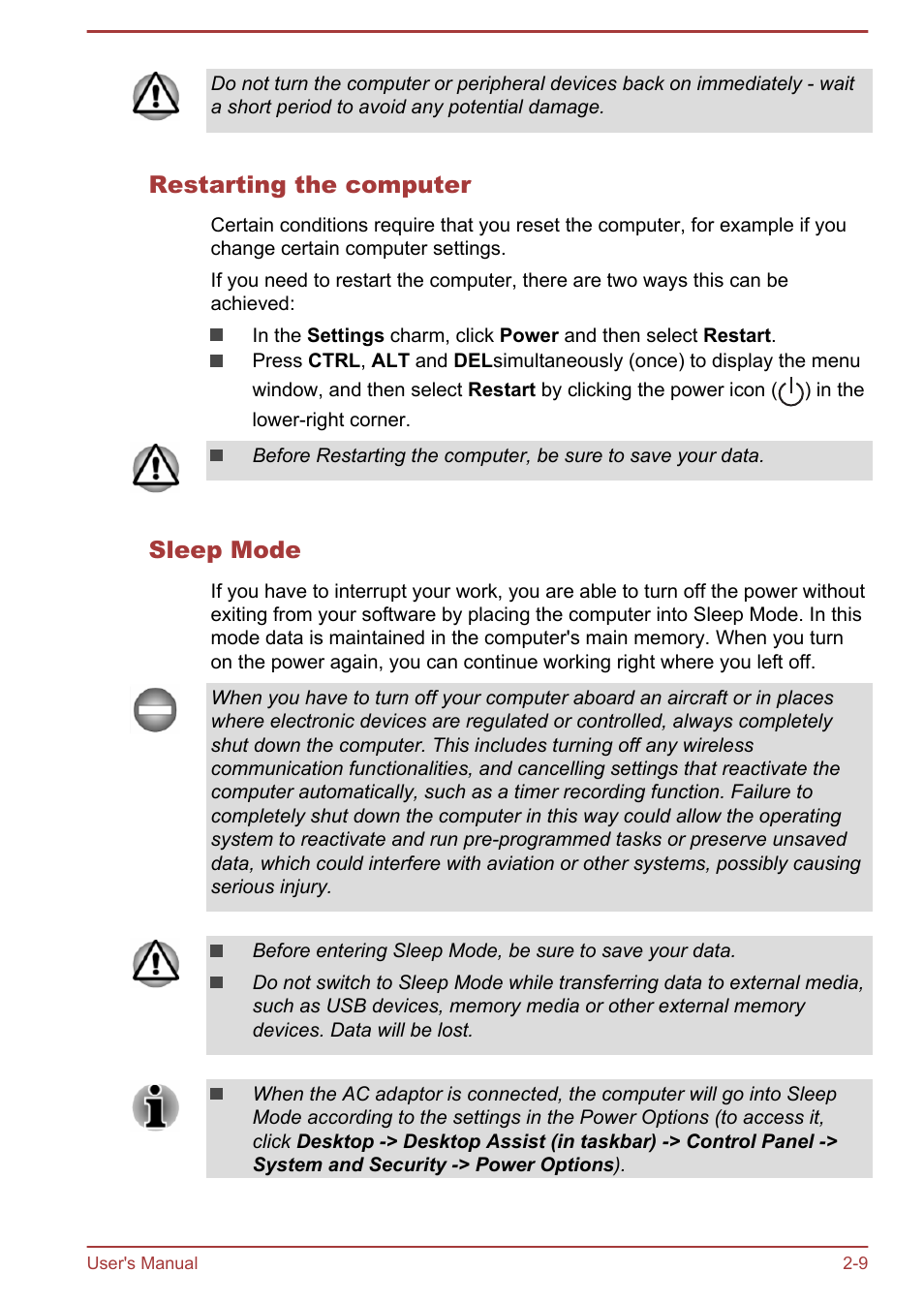 Restarting the computer, Sleep mode | Toshiba KIRA User Manual | Page 26 / 107