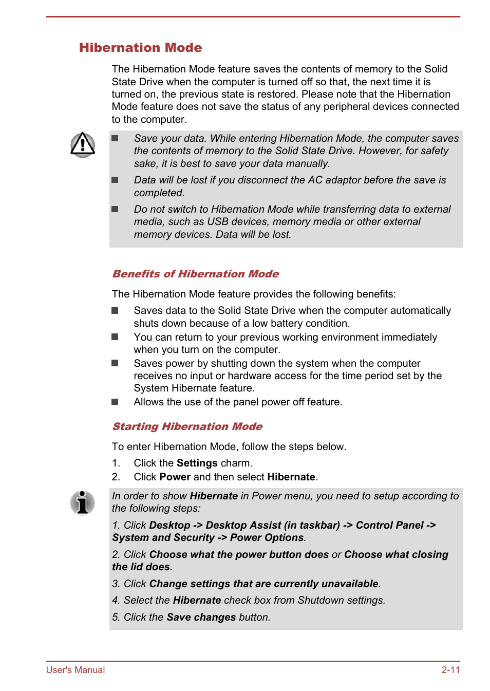 Hibernation mode | Toshiba KIRA User Manual | Page 28 / 107