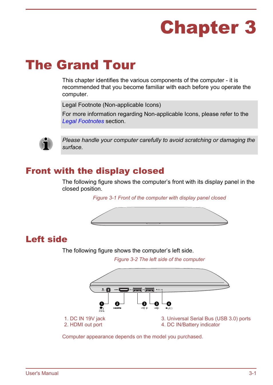 Chapter 3 the grand tour, Front with the display closed, Left side | Chapter 3, The grand tour, Front with the display closed -1 left side -1 | Toshiba KIRA User Manual | Page 30 / 107