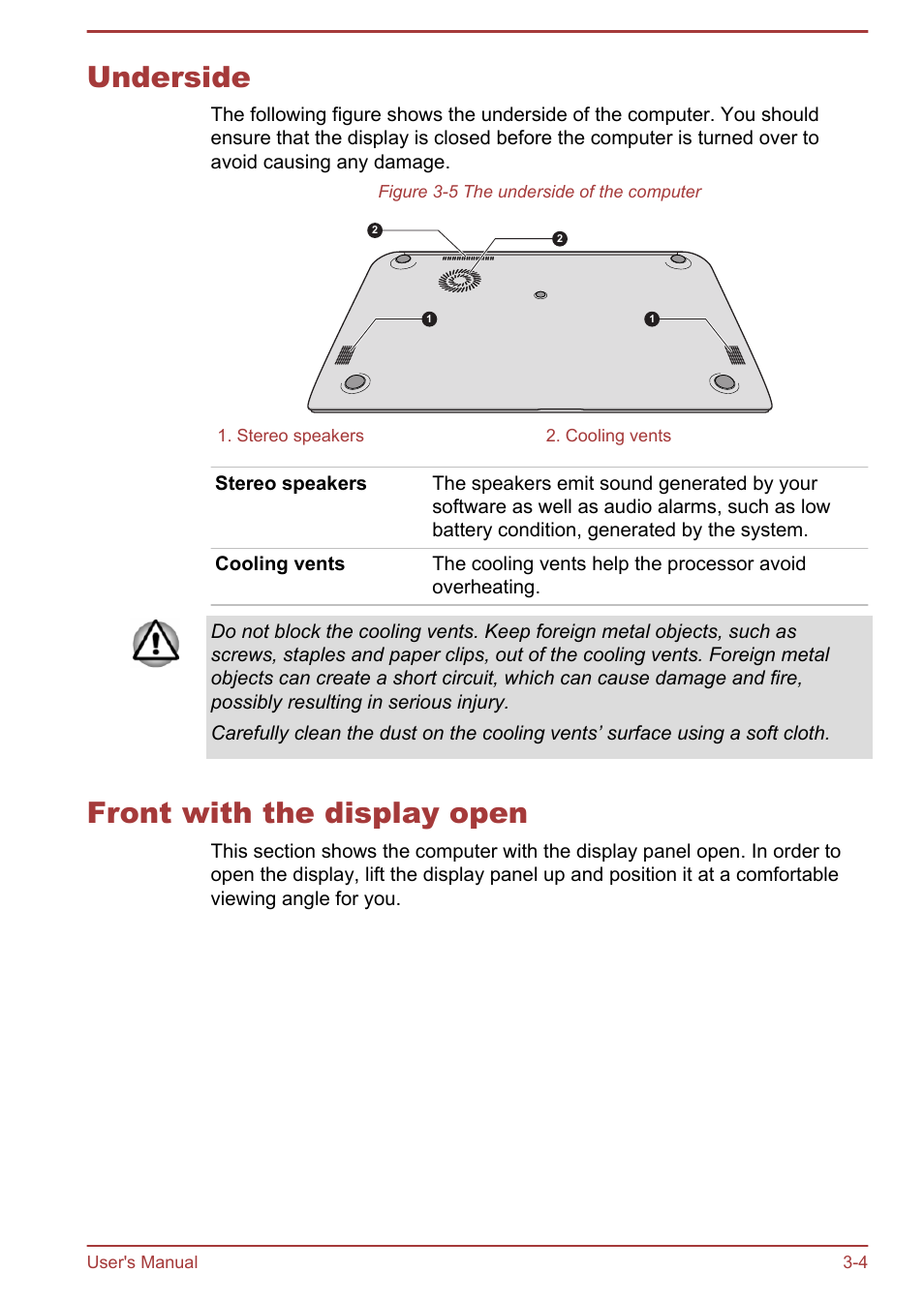 Underside, Front with the display open, Underside -4 front with the display open -4 | Toshiba KIRA User Manual | Page 33 / 107