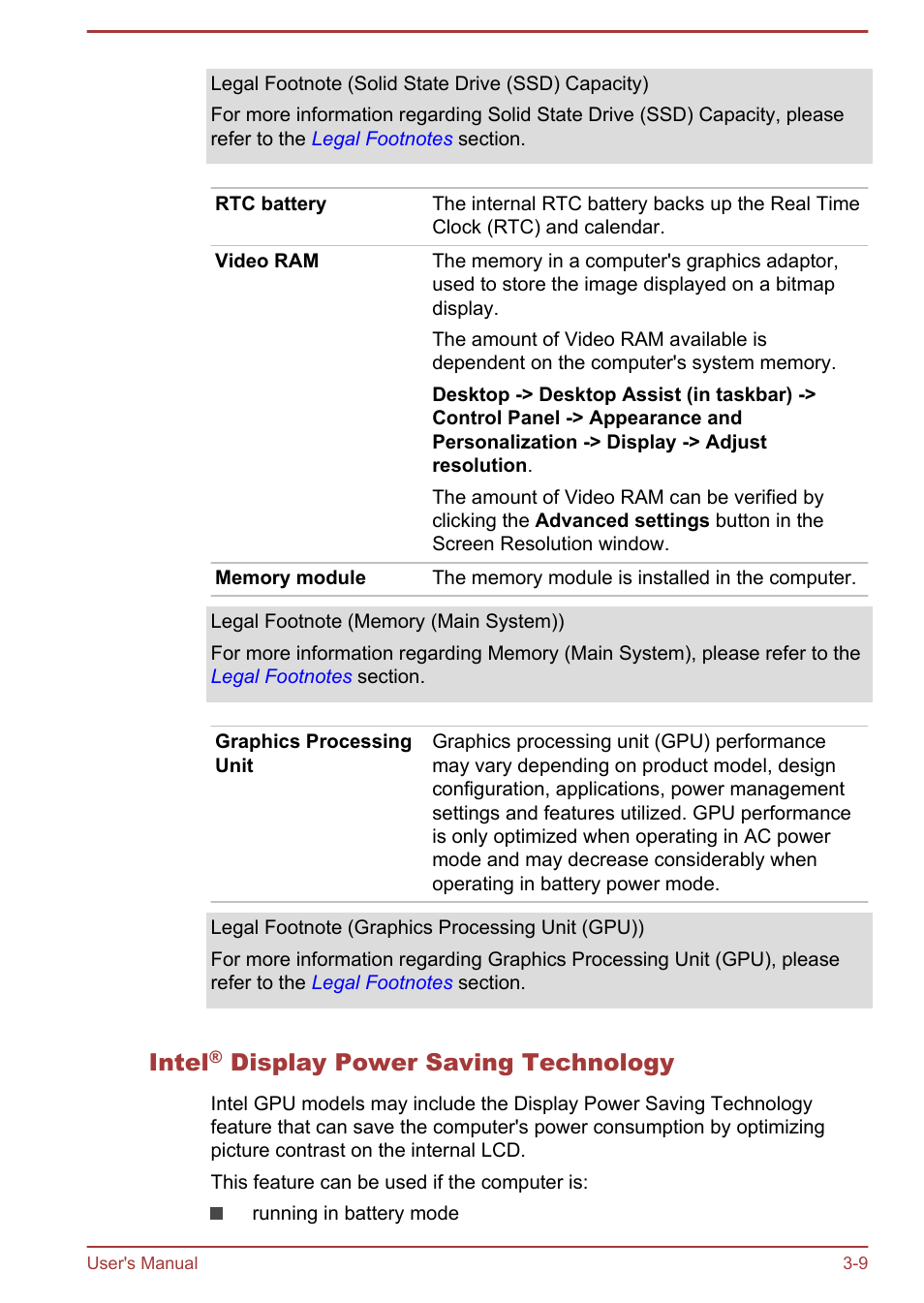 Intel® display power saving technology, Intel, Display power saving technology | Toshiba KIRA User Manual | Page 38 / 107