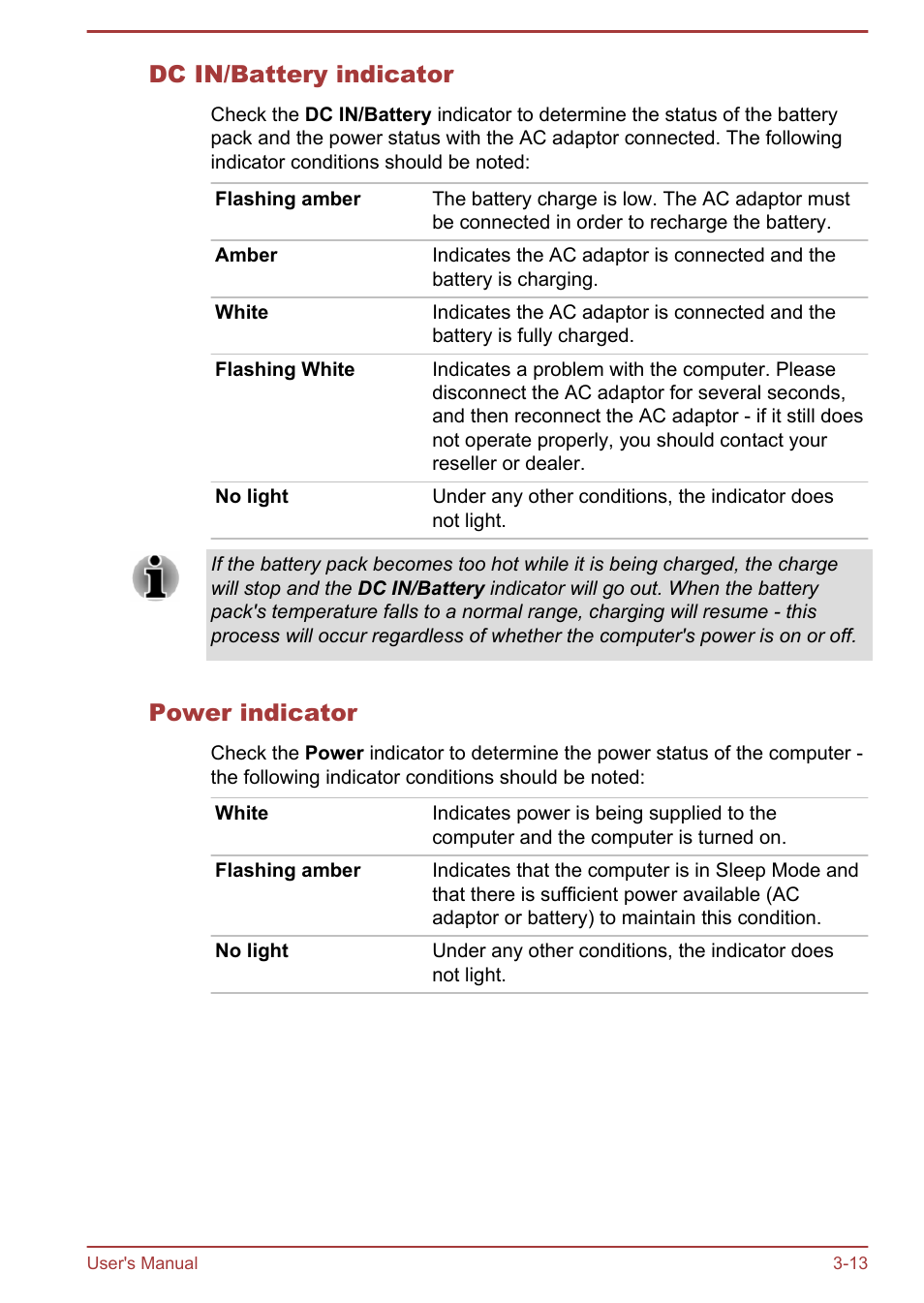 Dc in/battery indicator, Power indicator | Toshiba KIRA User Manual | Page 42 / 107