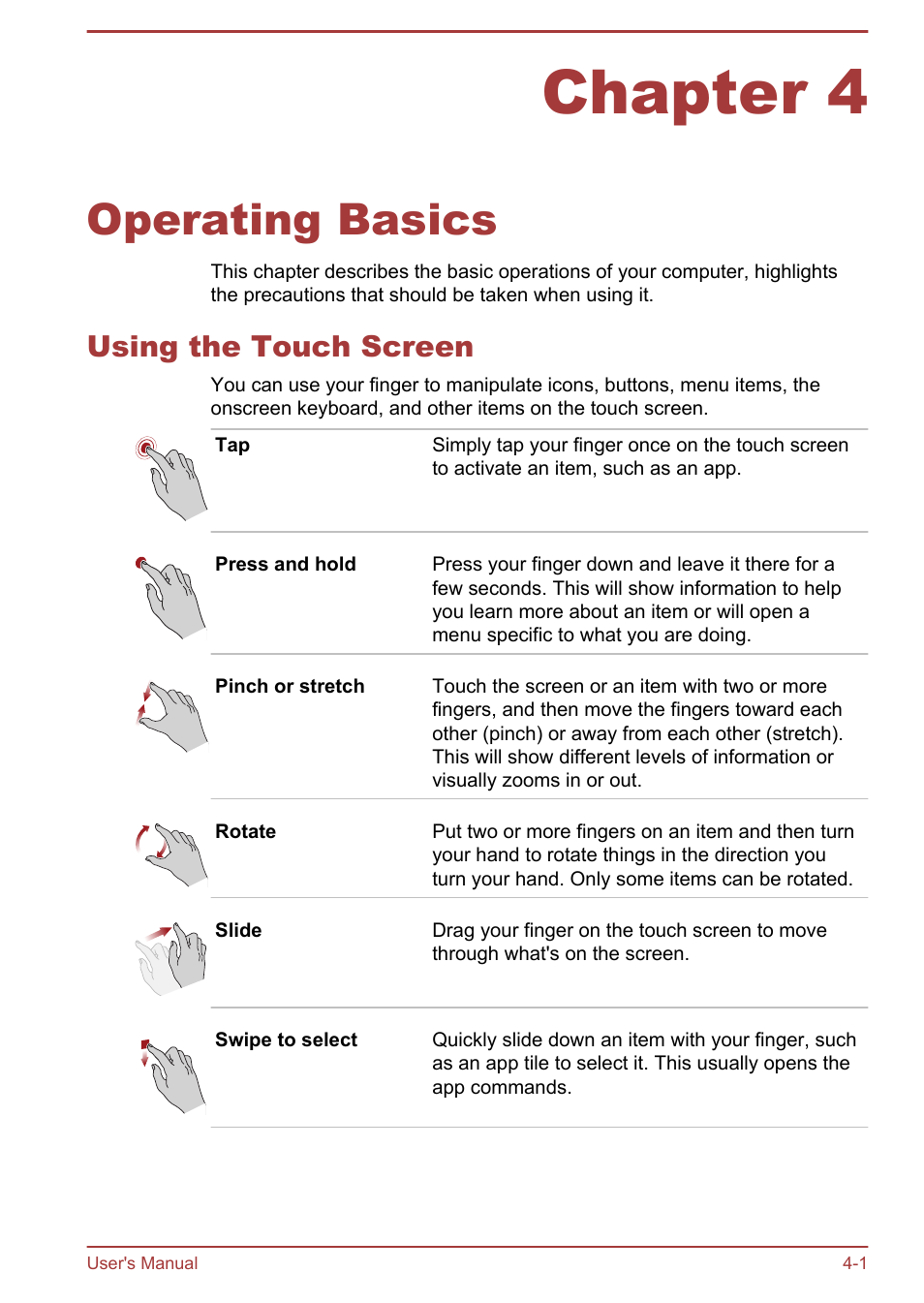 Chapter 4 operating basics, Using the touch screen, Chapter 4 | Operating basics, Using the touch screen -1 | Toshiba KIRA User Manual | Page 43 / 107