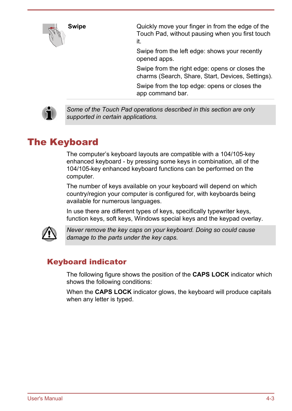 The keyboard, Keyboard indicator, The keyboard -3 | Toshiba KIRA User Manual | Page 45 / 107