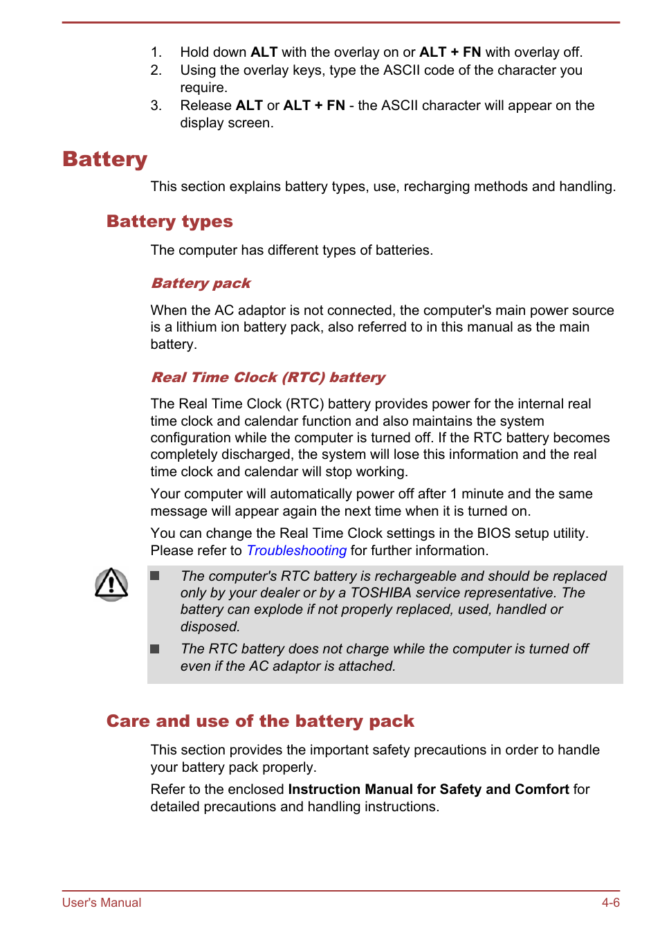 Battery, Battery types, Care and use of the battery pack | Battery -6 | Toshiba KIRA User Manual | Page 48 / 107