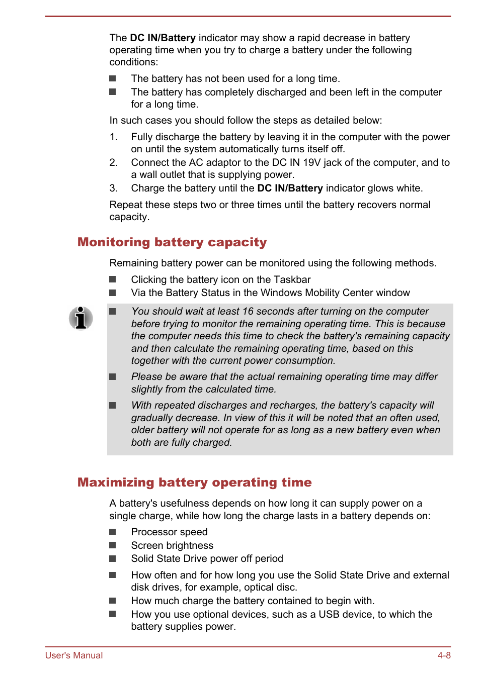 Monitoring battery capacity, Maximizing battery operating time | Toshiba KIRA User Manual | Page 50 / 107