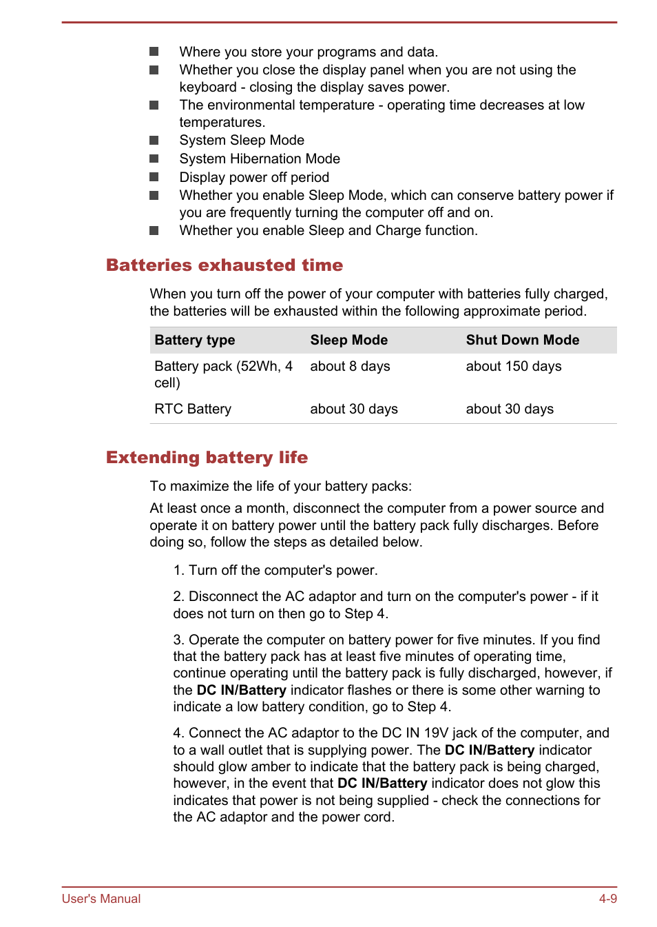 Batteries exhausted time, Extending battery life | Toshiba KIRA User Manual | Page 51 / 107