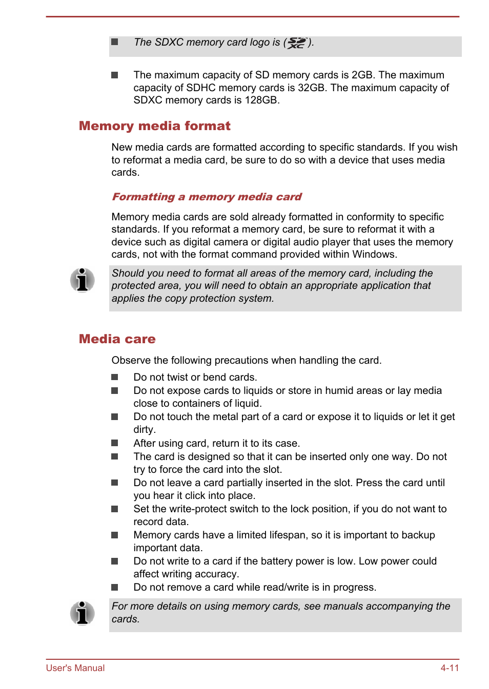 Memory media format, Media care | Toshiba KIRA User Manual | Page 53 / 107