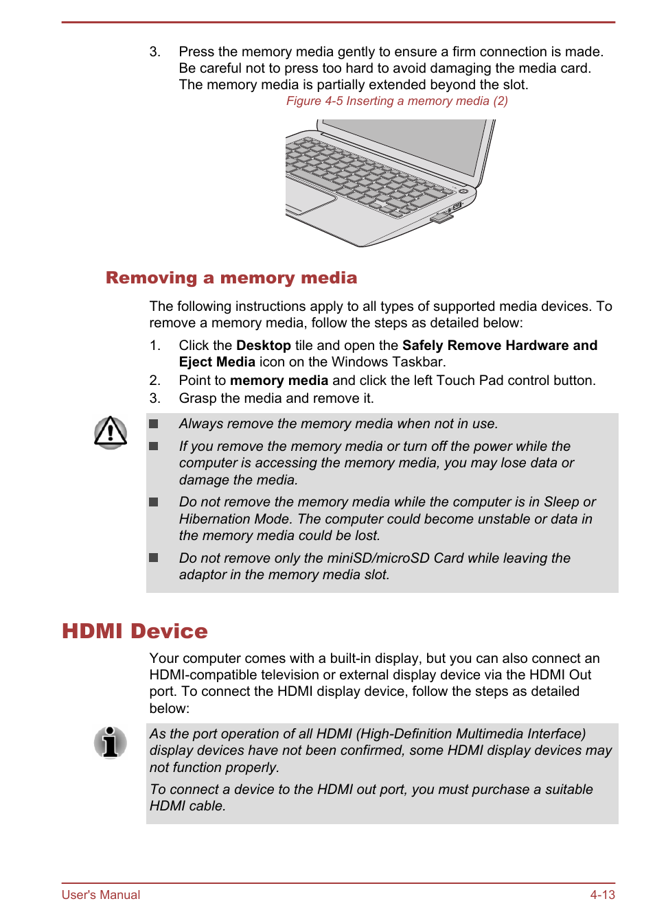 Removing a memory media, Hdmi device, Hdmi device -13 | Toshiba KIRA User Manual | Page 55 / 107