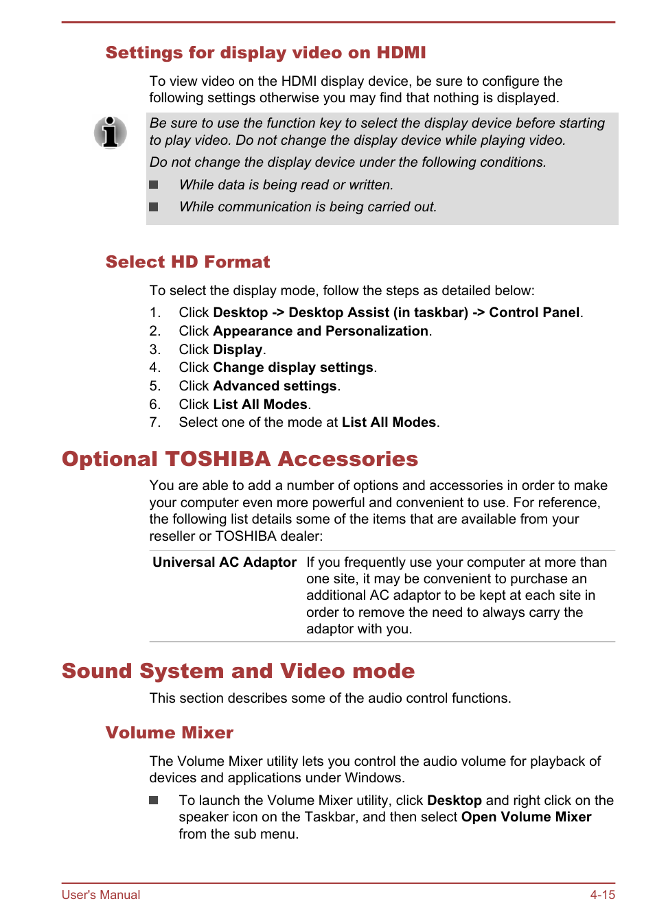 Settings for display video on hdmi, Select hd format, Optional toshiba accessories | Sound system and video mode, Volume mixer | Toshiba KIRA User Manual | Page 57 / 107