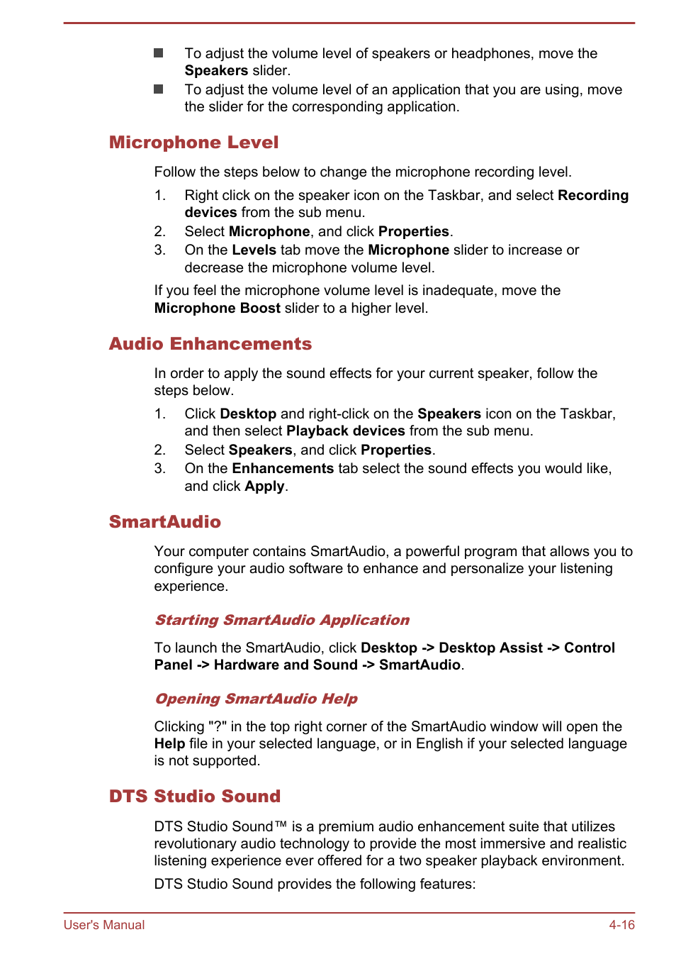 Microphone level, Audio enhancements, Smartaudio | Dts studio sound | Toshiba KIRA User Manual | Page 58 / 107