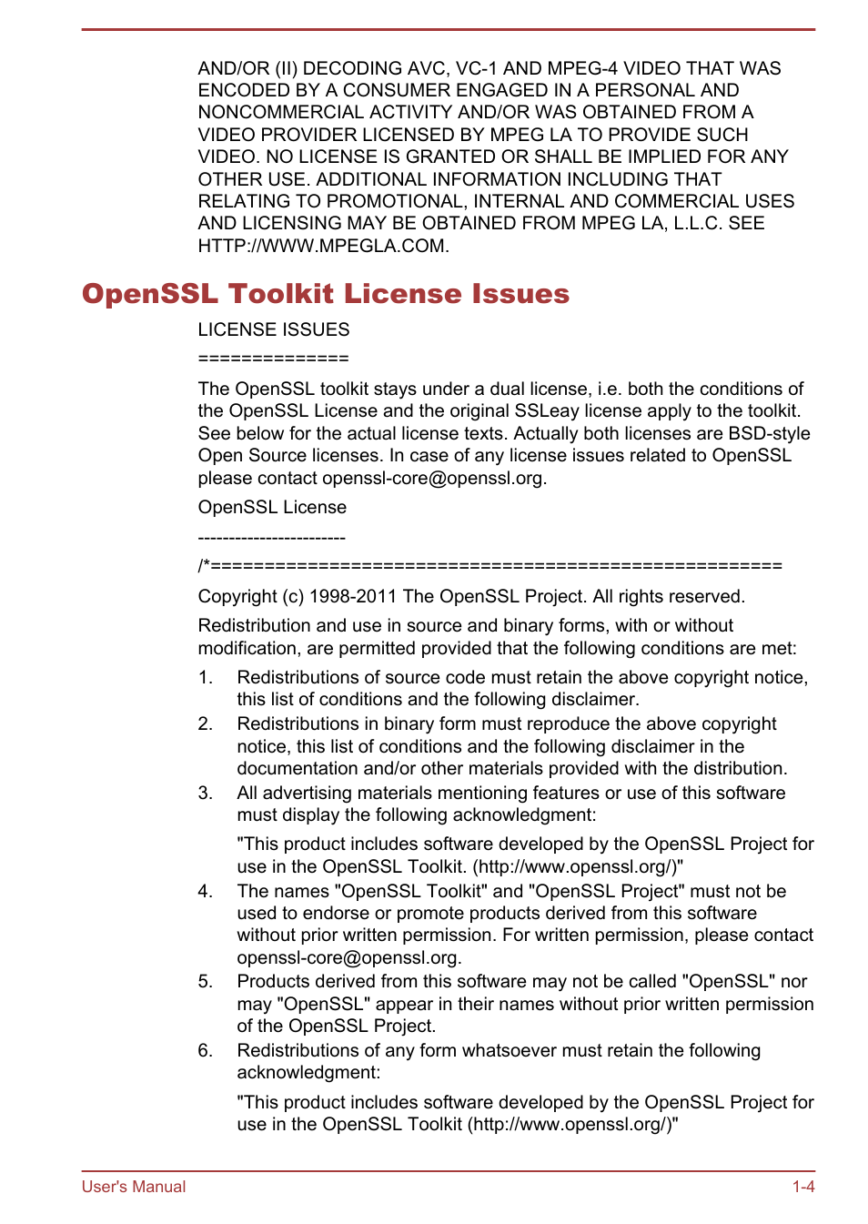 Openssl toolkit license issues, Openssl toolkit license issues -4 | Toshiba KIRA User Manual | Page 7 / 107