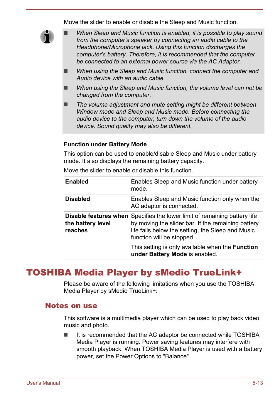 Toshiba media player by smedio truelink, Notes on use, Toshiba media player by smedio truelink+ -13 | Toshiba KIRA User Manual | Page 72 / 107