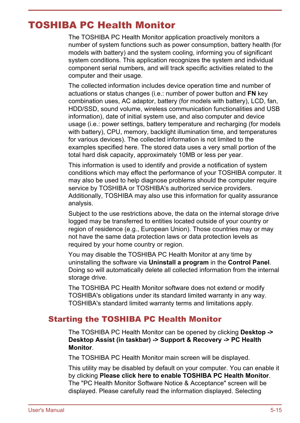 Toshiba pc health monitor, Starting the toshiba pc health monitor, Toshiba pc health monitor -15 | Toshiba KIRA User Manual | Page 74 / 107