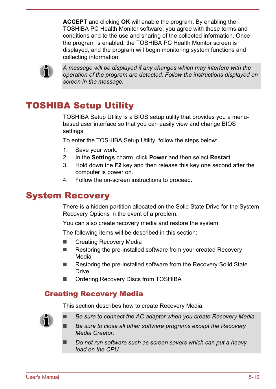 Toshiba setup utility, System recovery, Creating recovery media | Toshiba setup utility -16 system recovery -16 | Toshiba KIRA User Manual | Page 75 / 107