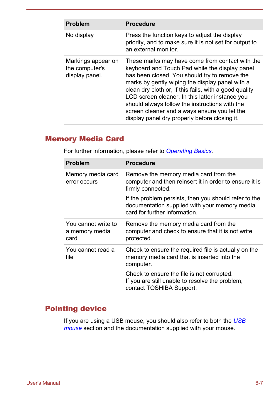 Memory media card, Pointing device | Toshiba KIRA User Manual | Page 85 / 107