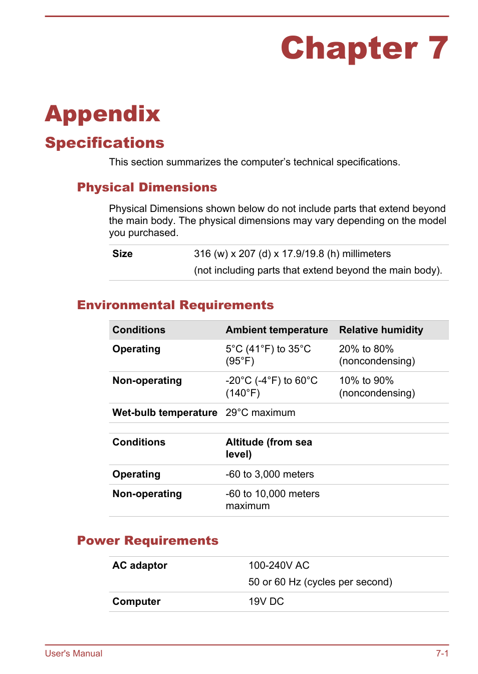 Chapter 7 appendix, Specifications, Physical dimensions | Environmental requirements, Power requirements, Chapter 7, Appendix, Specifications -1 | Toshiba KIRA User Manual | Page 93 / 107