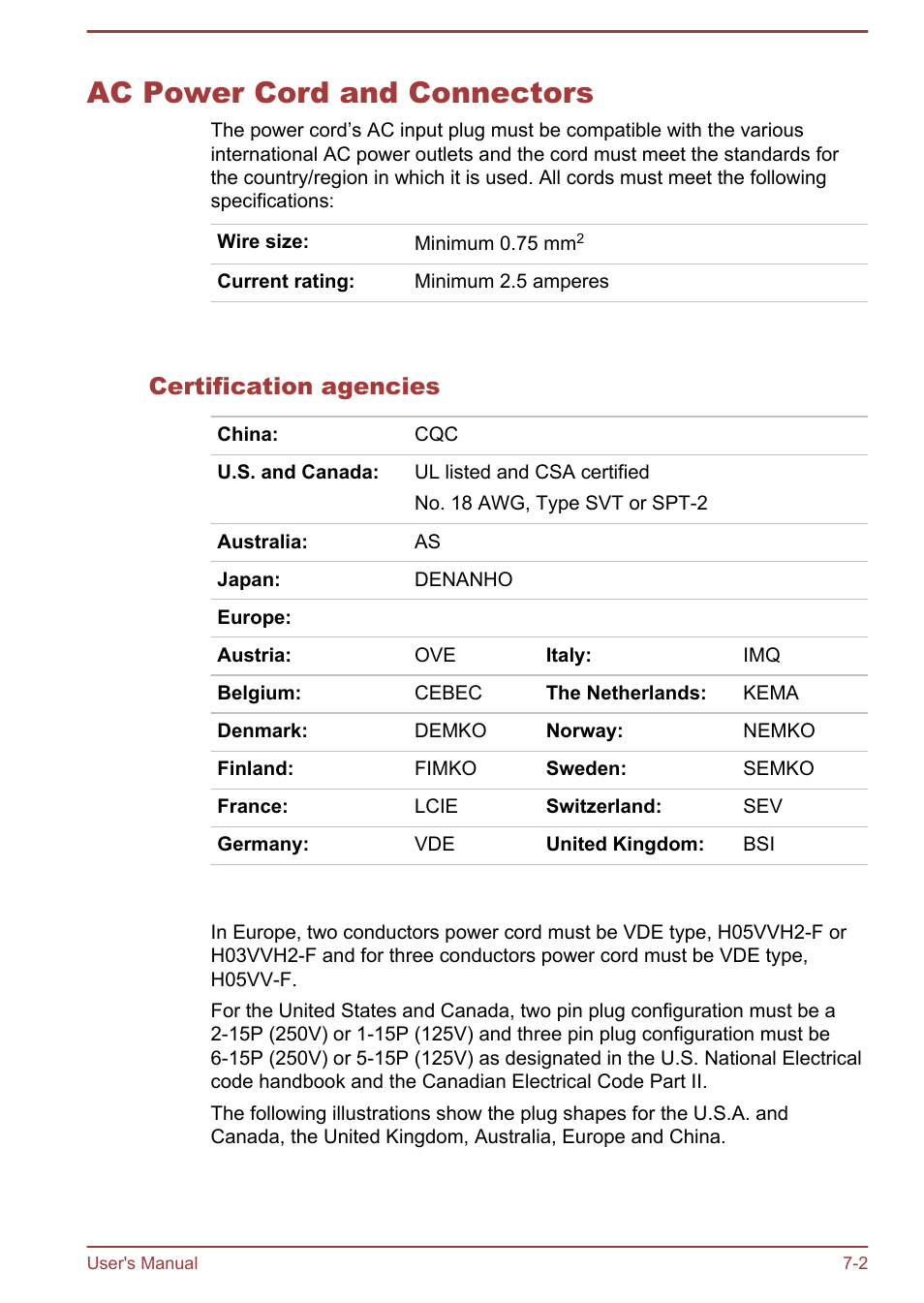 Ac power cord and connectors, Certification agencies, Ac power cord and connectors -2 | Toshiba KIRA User Manual | Page 94 / 107