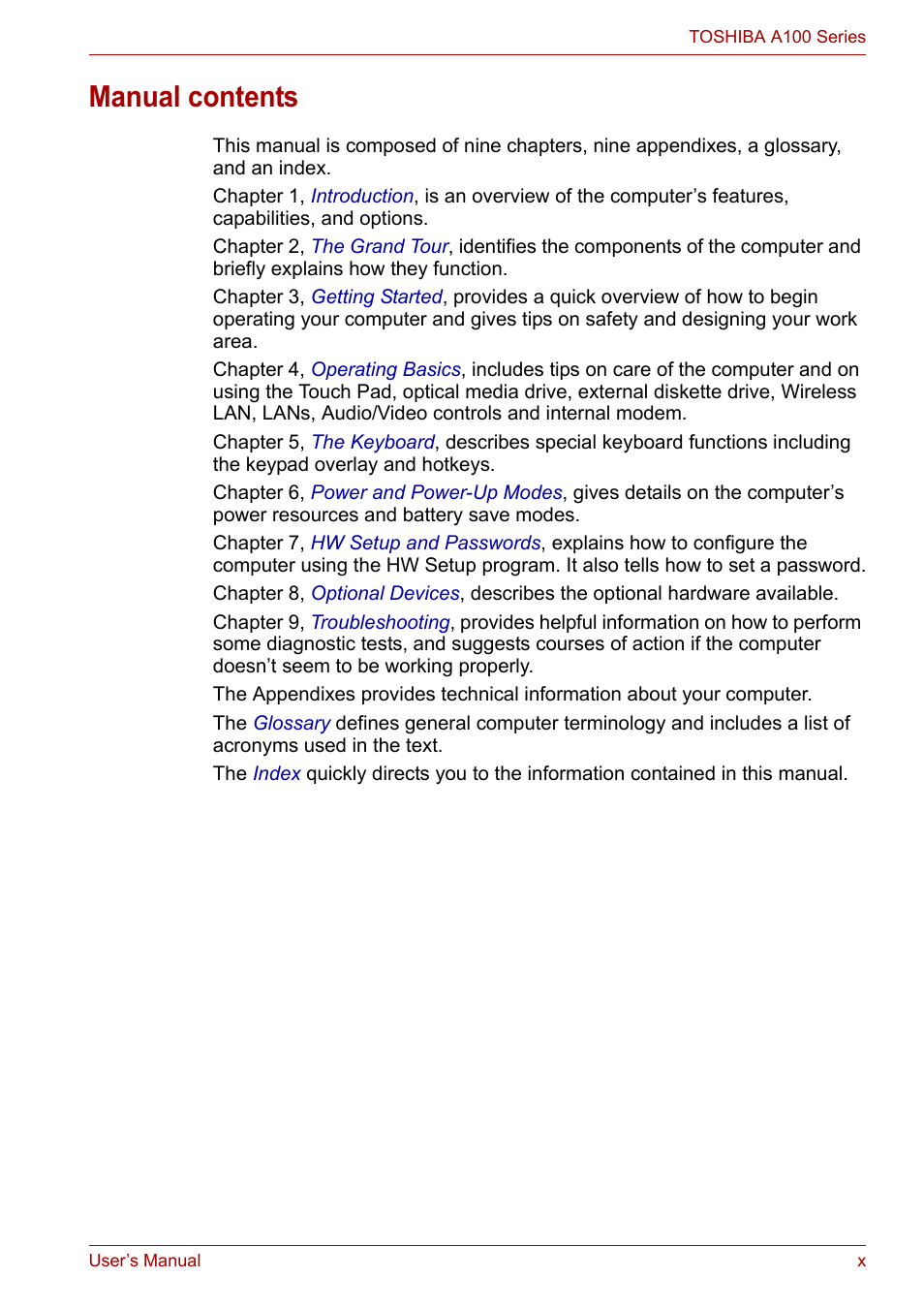 Manual contents | Toshiba Equium A100 (PSAA4) User Manual | Page 10 / 162