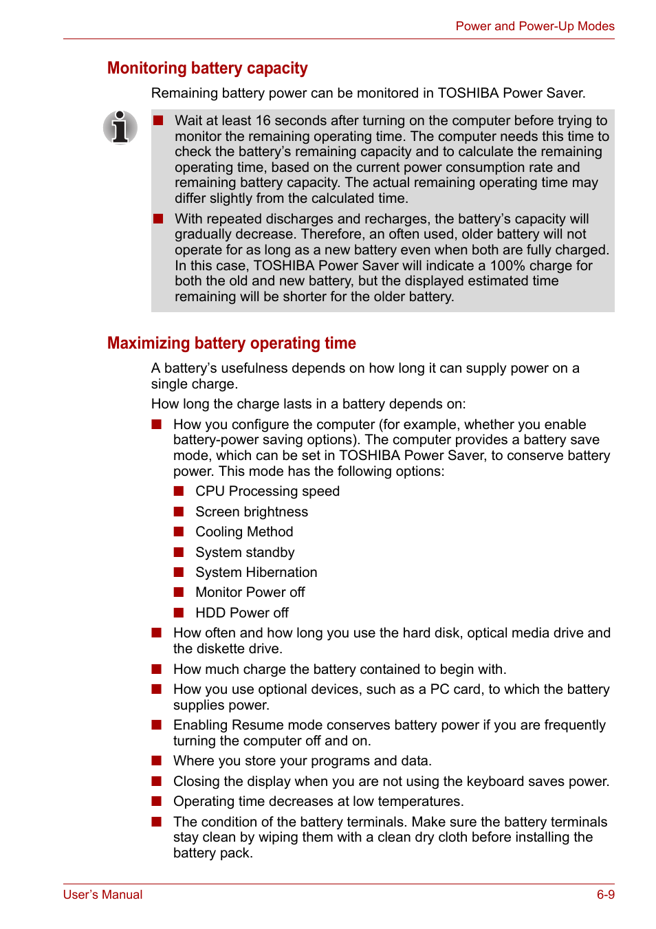 Monitoring battery capacity, Maximizing battery operating time | Toshiba Equium A100 (PSAA4) User Manual | Page 100 / 162