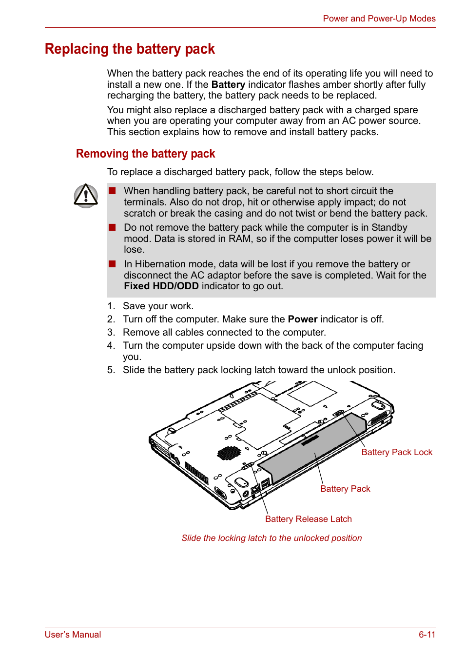 Replacing the battery pack, Replacing the battery pack -11, Removing the battery pack | Toshiba Equium A100 (PSAA4) User Manual | Page 102 / 162