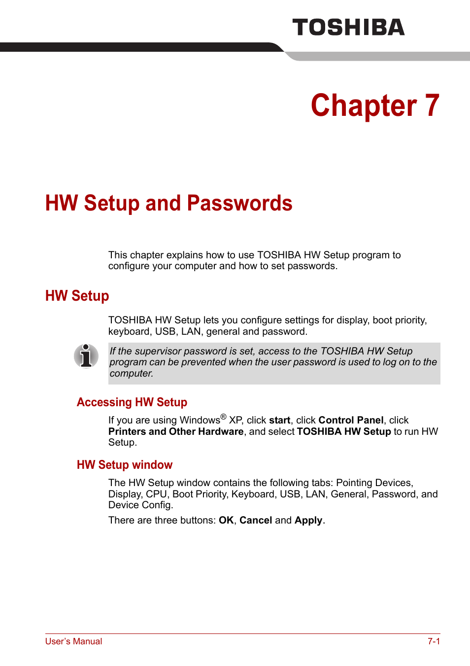 Chapter 7: hw setup and passwords, Hw setup, Hw setup and | Passwords, Hw setup and passwords, Chapter 7, Hw setup -1 | Toshiba Equium A100 (PSAA4) User Manual | Page 105 / 162