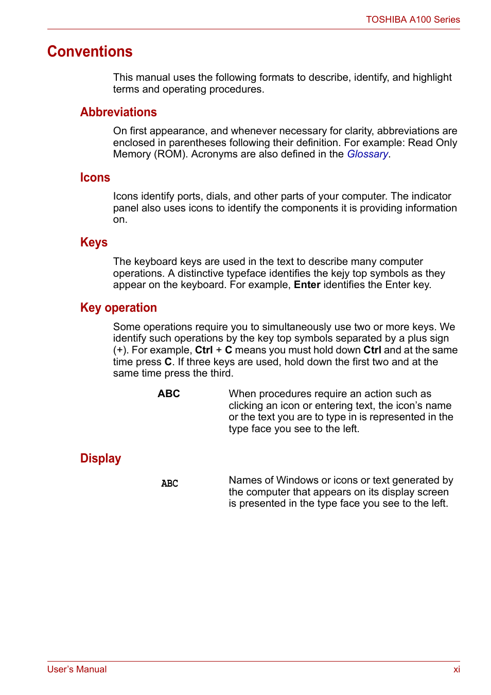 Conventions | Toshiba Equium A100 (PSAA4) User Manual | Page 11 / 162