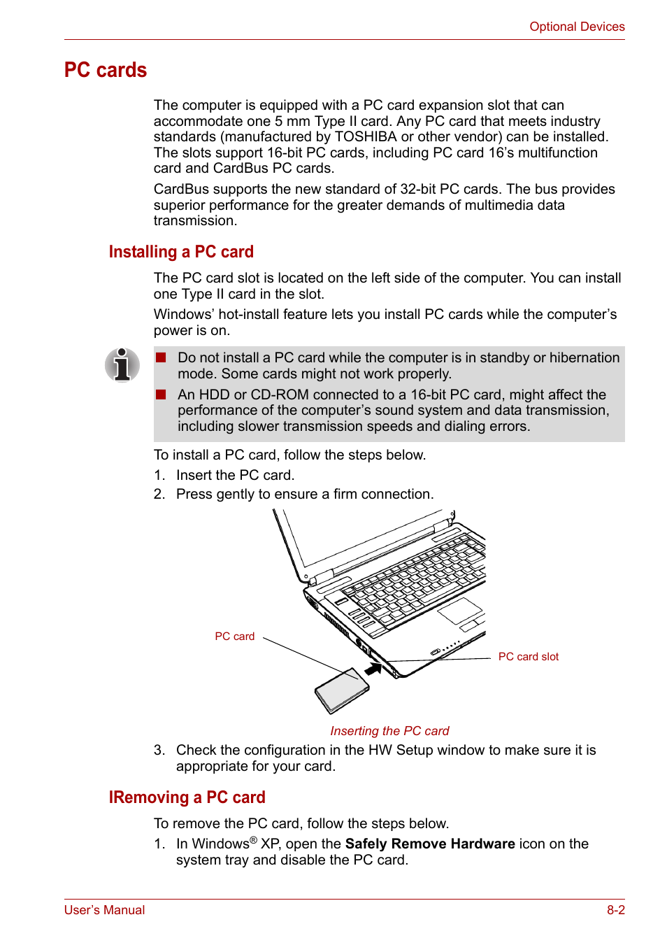 Pc cards, Pc cards -2, Installing a pc card | Iremoving a pc card | Toshiba Equium A100 (PSAA4) User Manual | Page 110 / 162