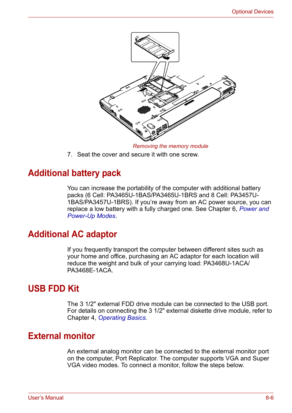 Additional battery pack, Additional ac adaptor, Usb fdd kit | External monitor | Toshiba Equium A100 (PSAA4) User Manual | Page 114 / 162