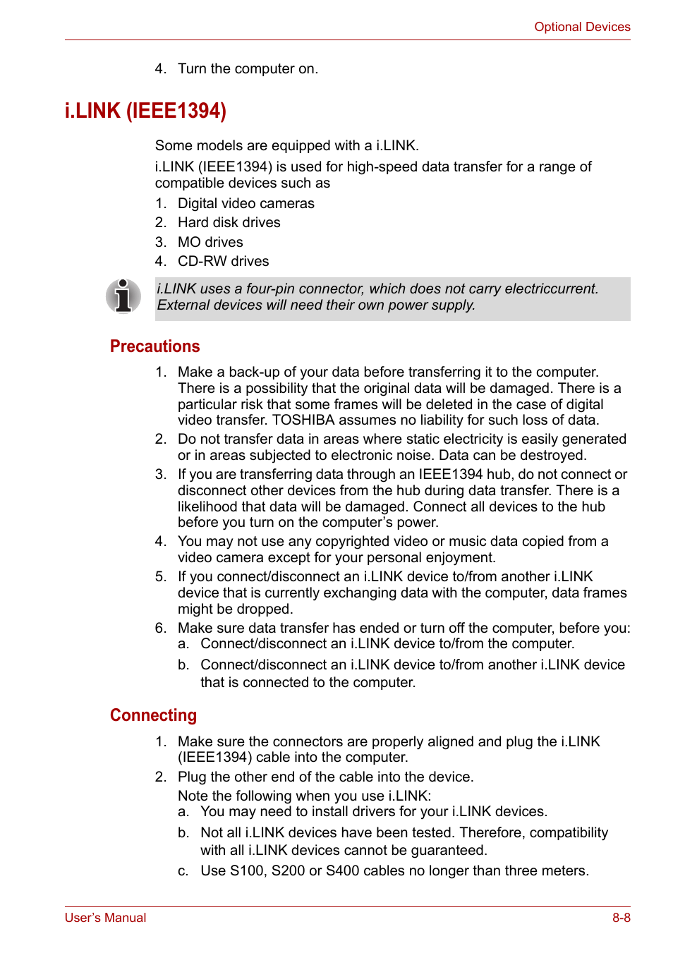 I.link (ieee1394), I.link (ieee1394) -8, Precautions | Connecting | Toshiba Equium A100 (PSAA4) User Manual | Page 116 / 162