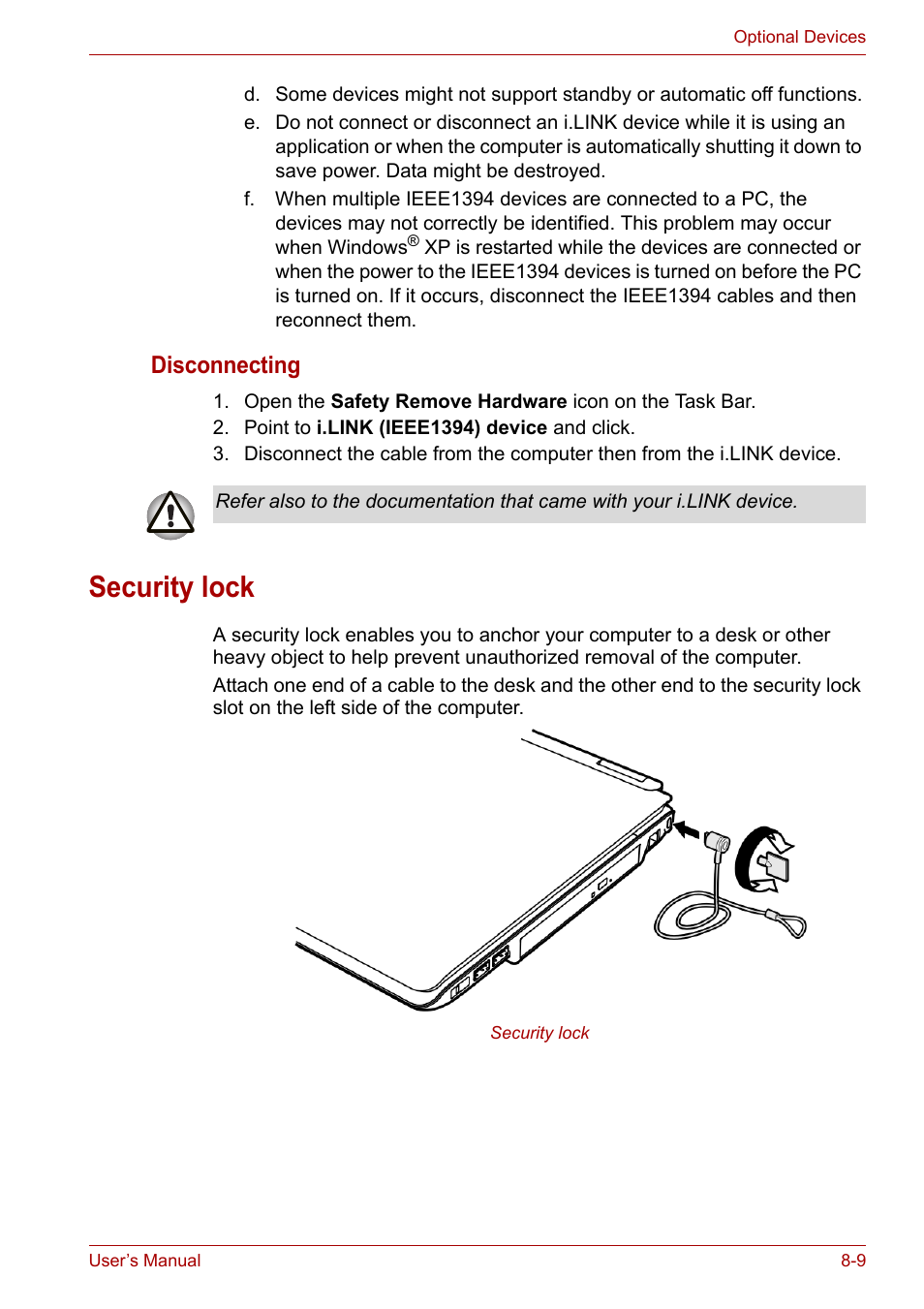 Security lock, Security lock -9, Disconnecting | Toshiba Equium A100 (PSAA4) User Manual | Page 117 / 162