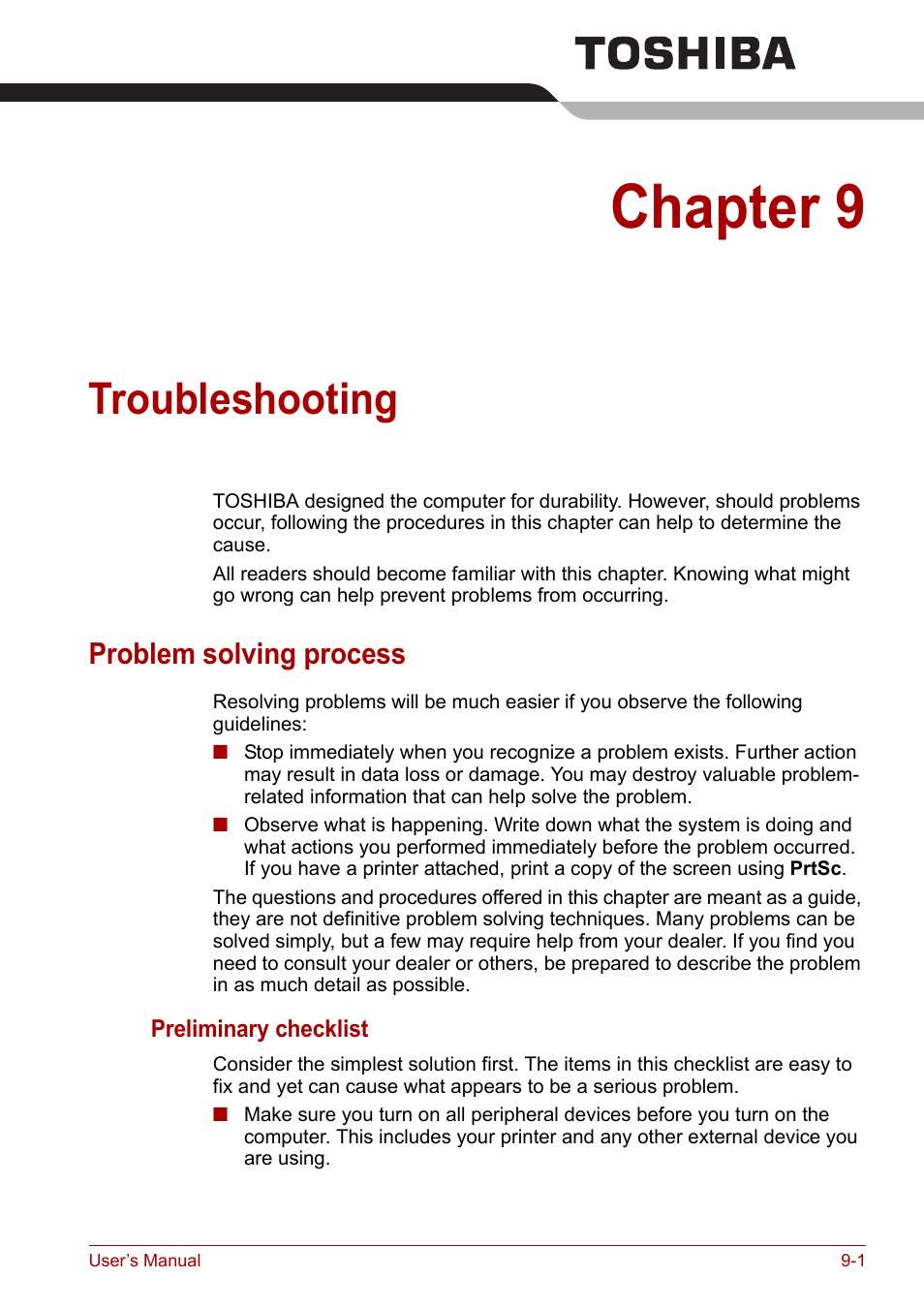 Chapter 9: troubleshooting, Problem solving process, Troubleshooting | Provi, Chapter 9, Problem solving process -1 | Toshiba Equium A100 (PSAA4) User Manual | Page 118 / 162