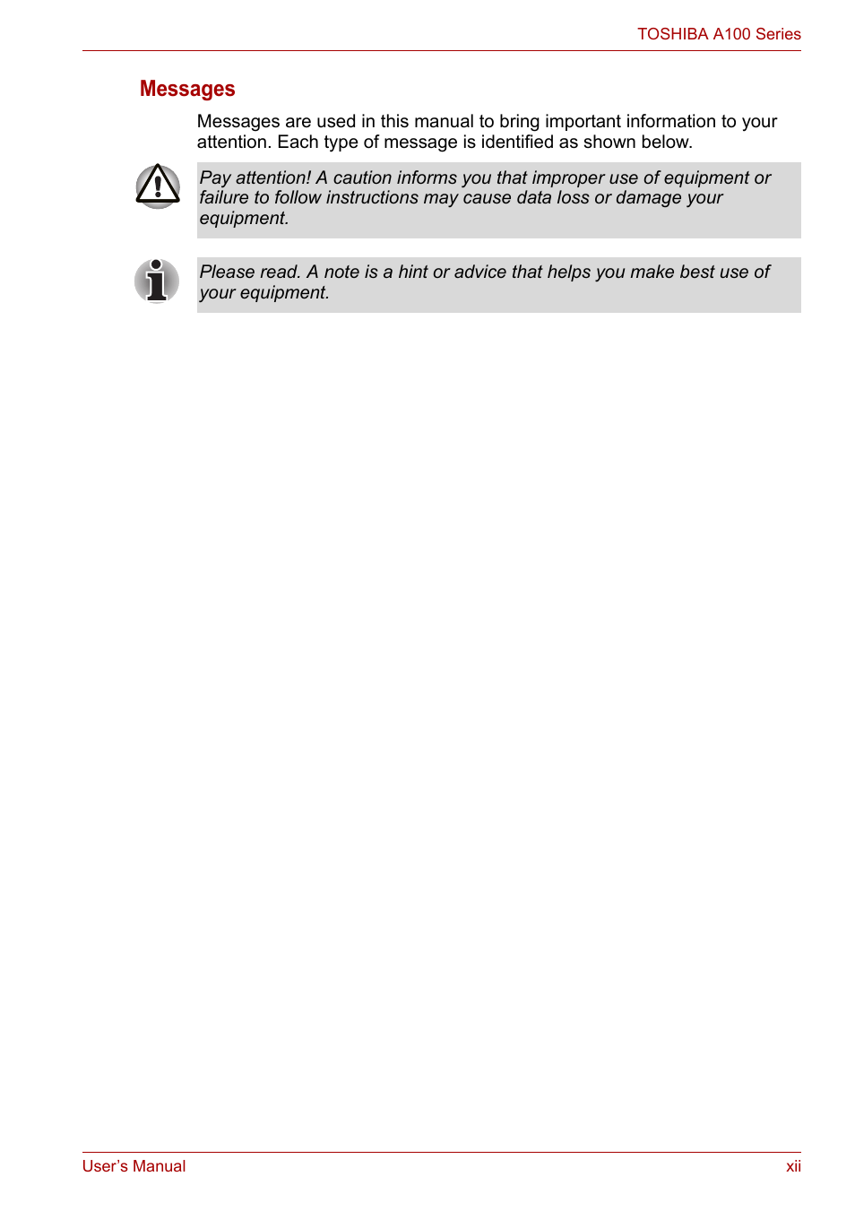 Messages | Toshiba Equium A100 (PSAA4) User Manual | Page 12 / 162