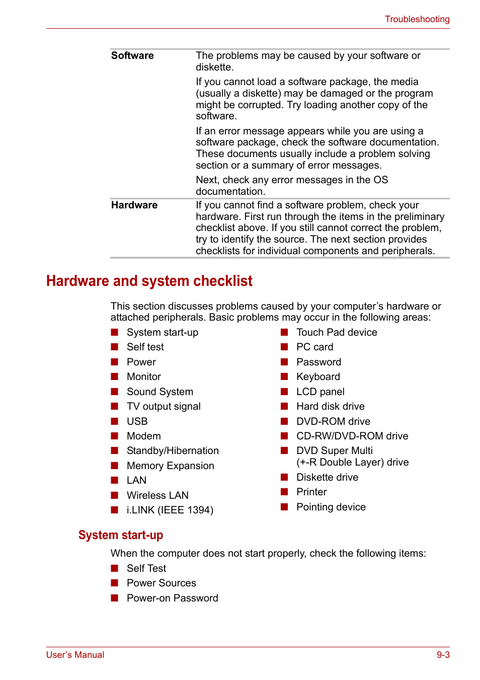 Hardware and system checklist, Hardware and system checklist -3, System start-up | Toshiba Equium A100 (PSAA4) User Manual | Page 120 / 162