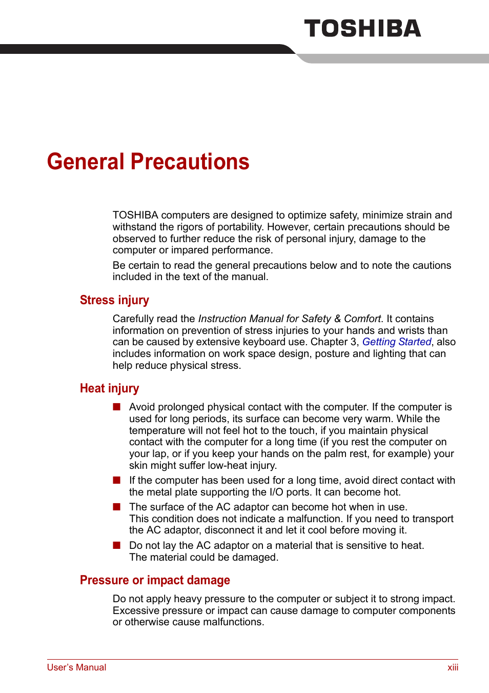 General precautions | Toshiba Equium A100 (PSAA4) User Manual | Page 13 / 162