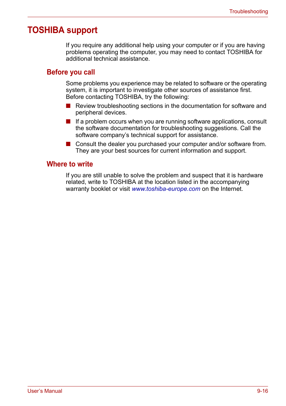 Toshiba support, Toshiba support -16, Before you call | Where to write | Toshiba Equium A100 (PSAA4) User Manual | Page 133 / 162