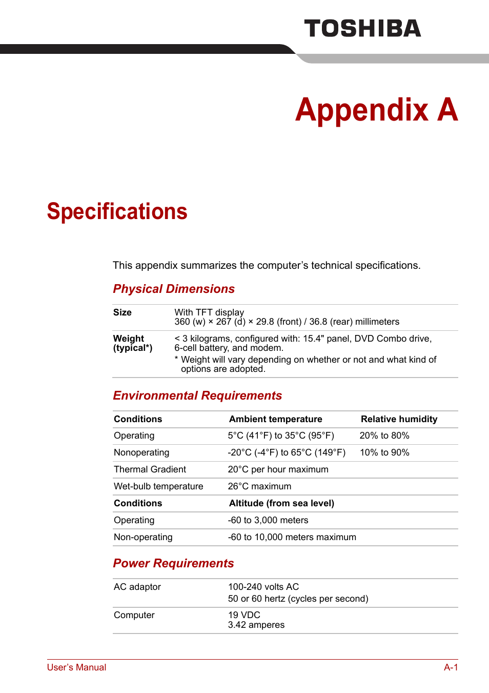 Appendix a: specifications, Appendix a, Specifications | Toshiba Equium A100 (PSAA4) User Manual | Page 134 / 162