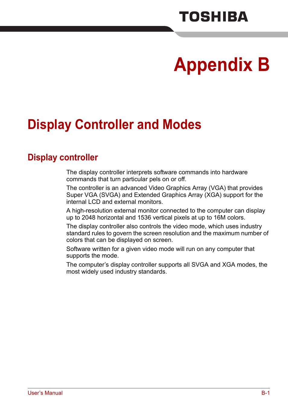 Appendix b: display controller and modes, Display controller, Appendix b | Display controller and modes, Display, Controller and modes | Toshiba Equium A100 (PSAA4) User Manual | Page 136 / 162