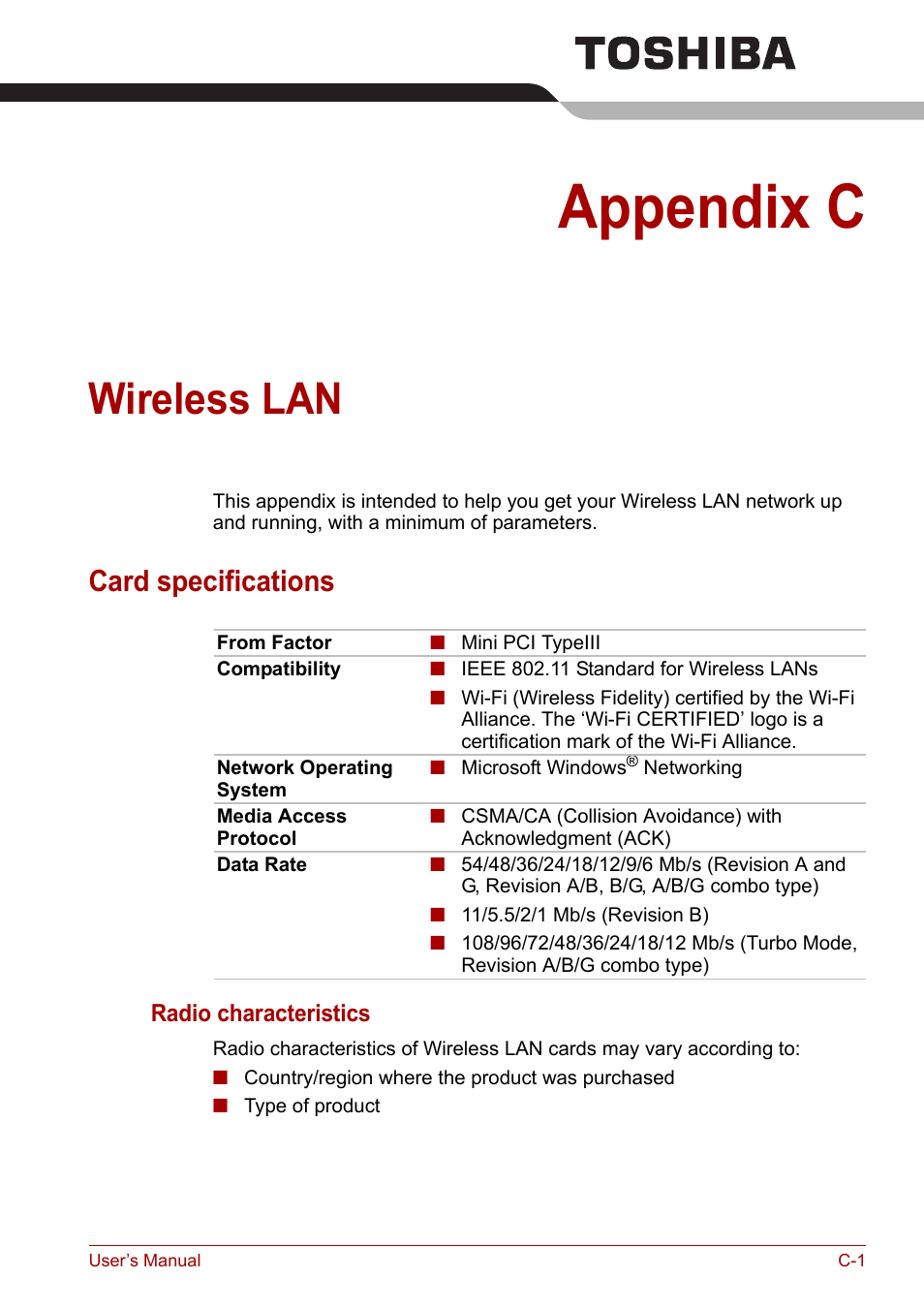 Appendix c: wireless lan, Card specifications, Appendix c | Wireless lan | Toshiba Equium A100 (PSAA4) User Manual | Page 138 / 162
