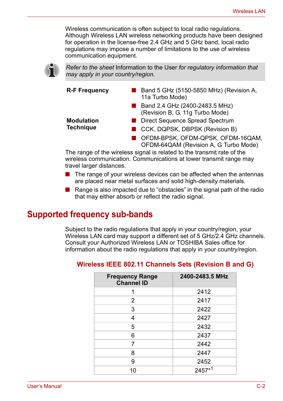 Supported frequency sub-bands | Toshiba Equium A100 (PSAA4) User Manual | Page 139 / 162