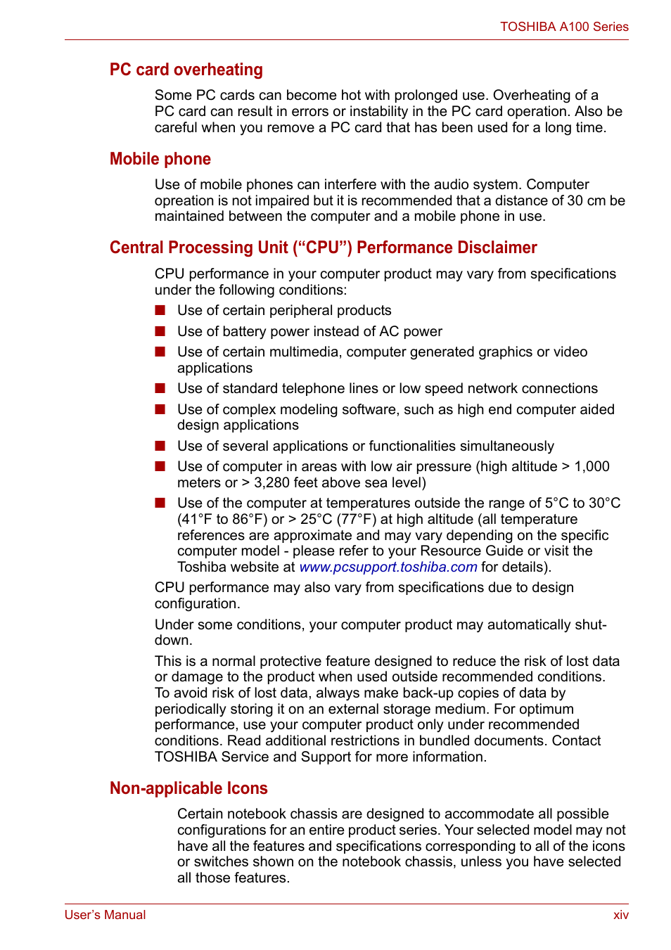 Pc card overheating, Mobile phone, Non-applicable icons | Toshiba Equium A100 (PSAA4) User Manual | Page 14 / 162