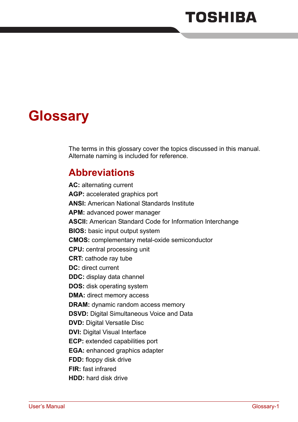 Glossary, Abbreviations | Toshiba Equium A100 (PSAA4) User Manual | Page 146 / 162