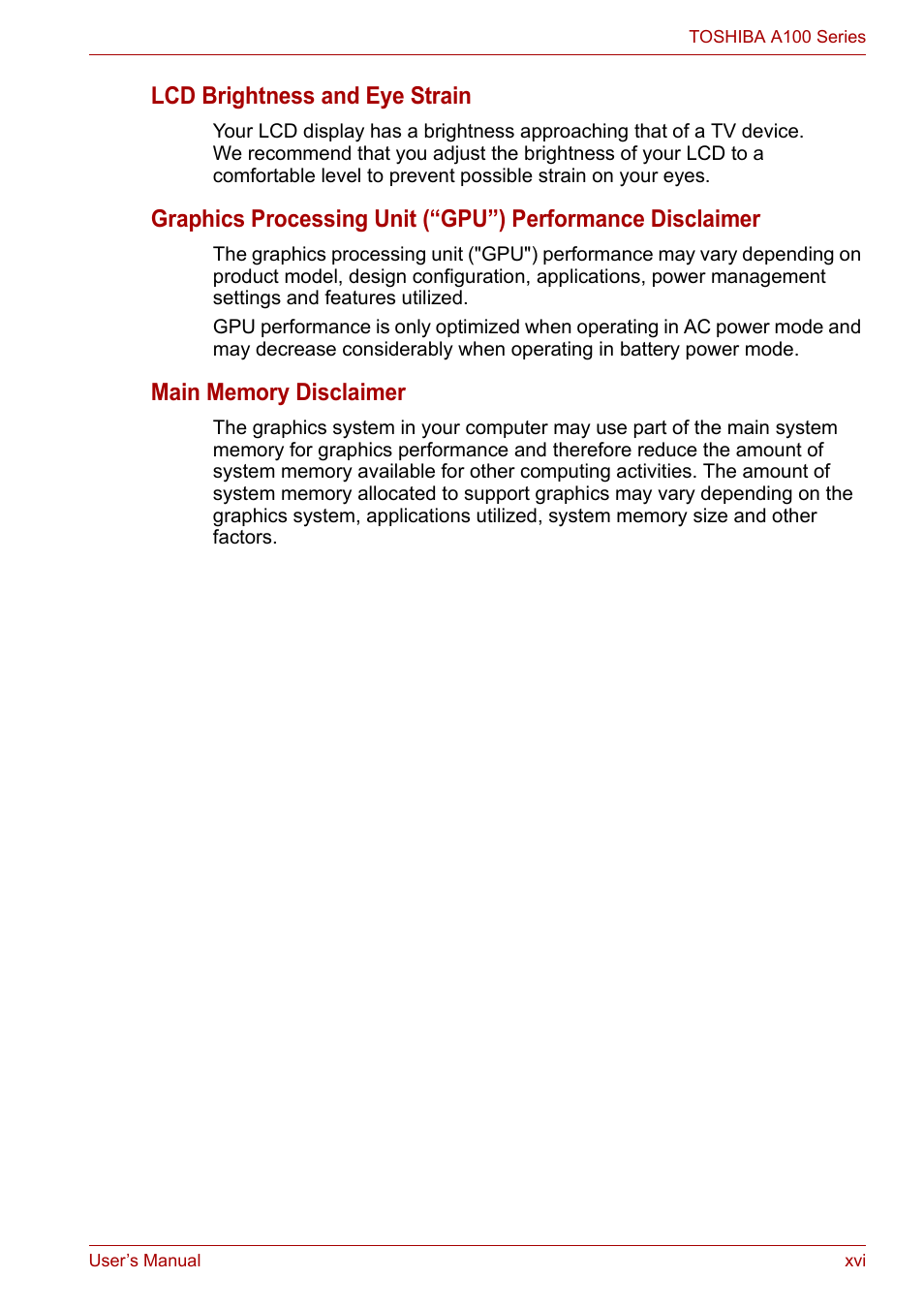 Lcd brightness and eye strain | Toshiba Equium A100 (PSAA4) User Manual | Page 16 / 162