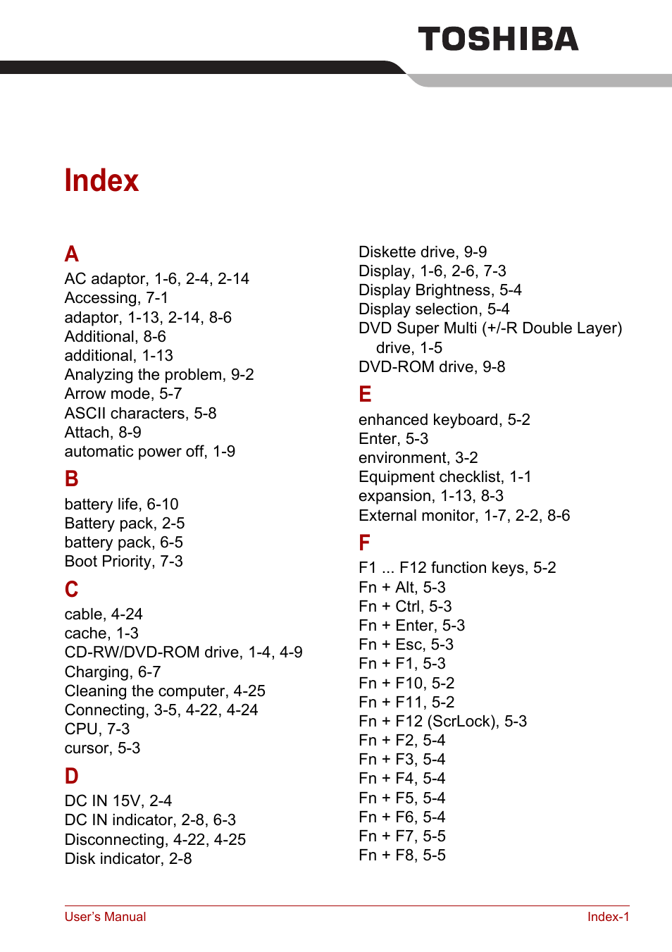 Index | Toshiba Equium A100 (PSAA4) User Manual | Page 160 / 162