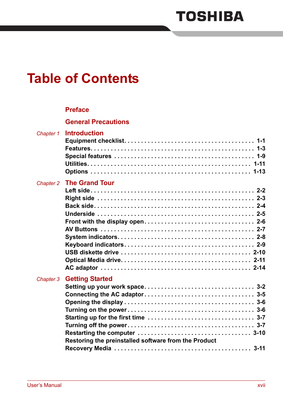 Toshiba Equium A100 (PSAA4) User Manual | Page 17 / 162