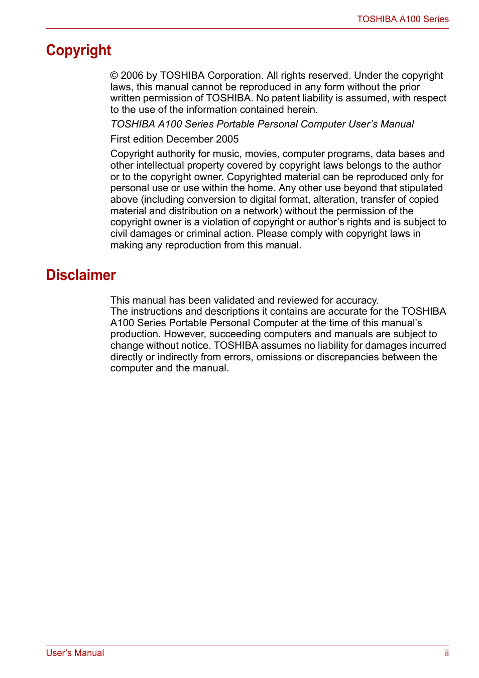 Copyright, Disclaimer | Toshiba Equium A100 (PSAA4) User Manual | Page 2 / 162