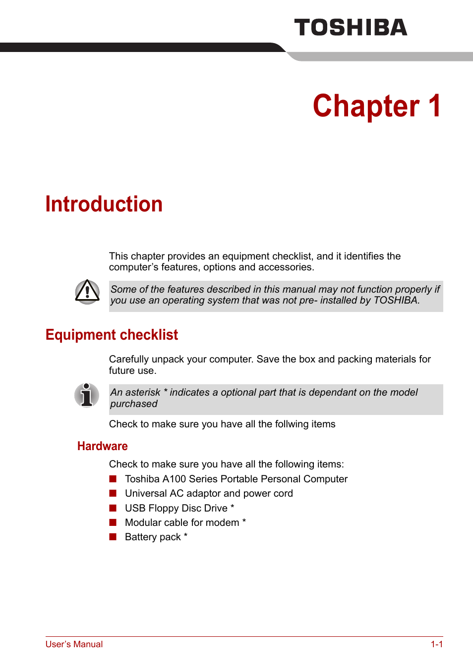 Chapter 1: introduction, Equipment checklist, Introduction | N of the, Chapter 1, Equipment checklist -1 | Toshiba Equium A100 (PSAA4) User Manual | Page 20 / 162