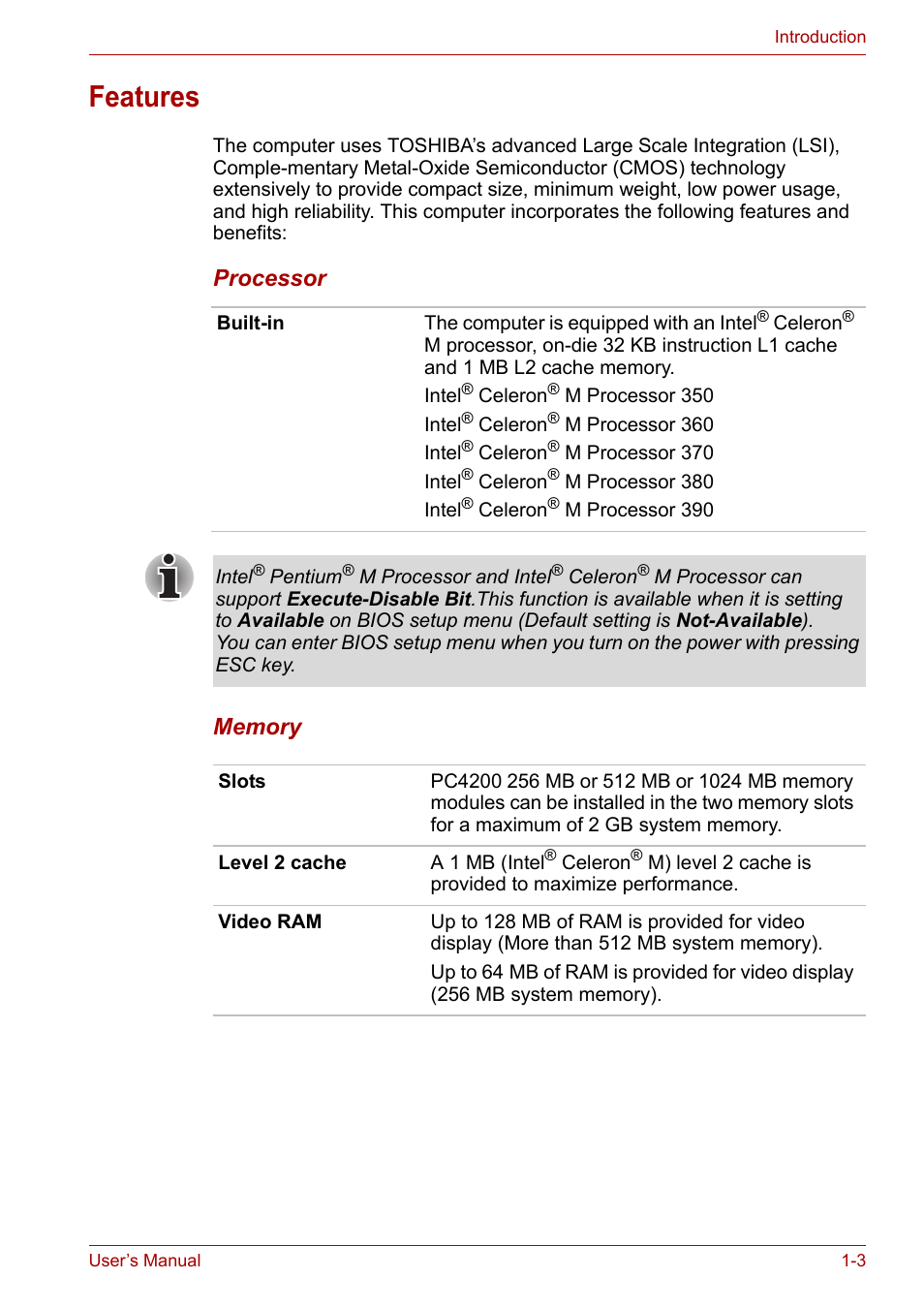 Features, Features -3 | Toshiba Equium A100 (PSAA4) User Manual | Page 22 / 162