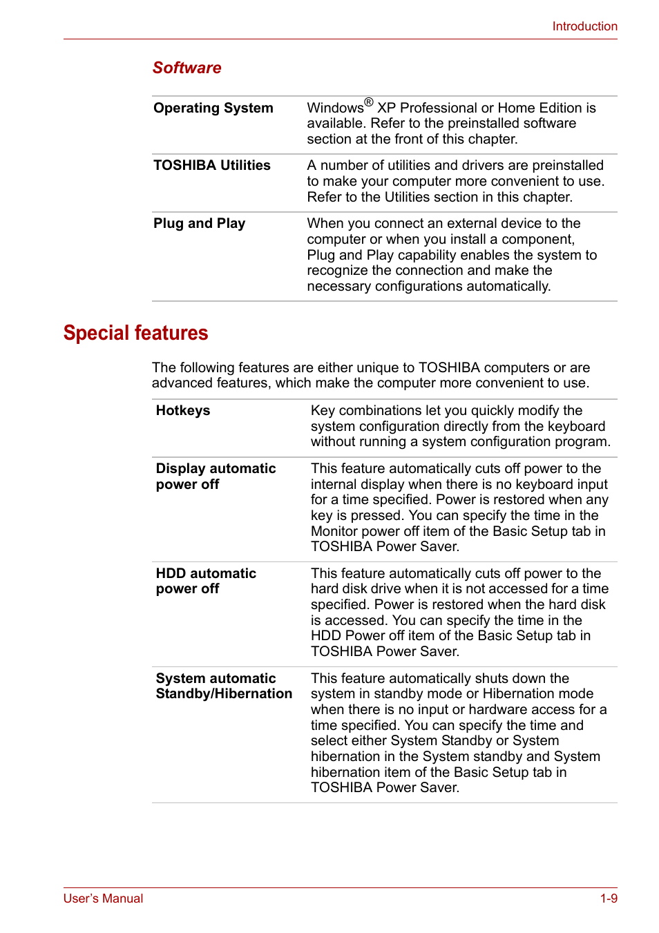 Special features, Special features -9 | Toshiba Equium A100 (PSAA4) User Manual | Page 28 / 162